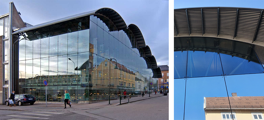 Foto av glassfasade med og uten solfilm